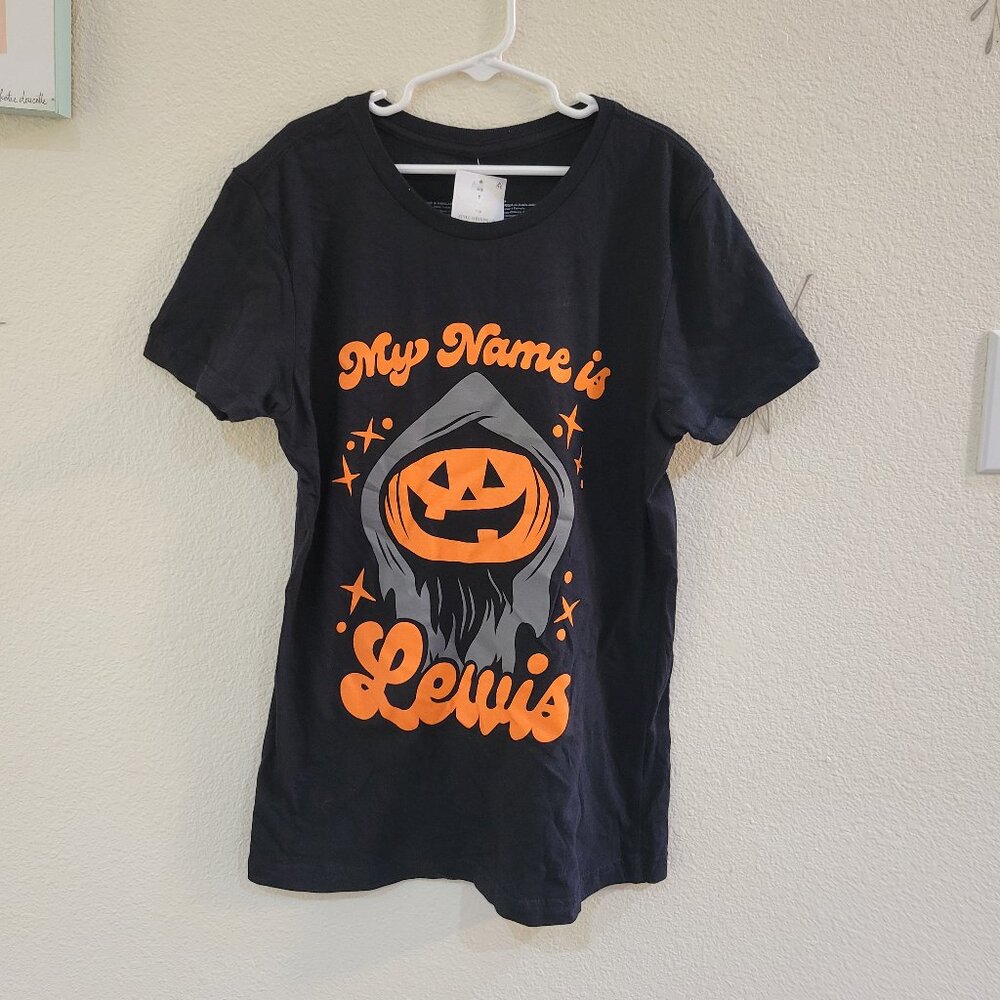 Black Halloween T-Shirt with Orange Pumpkin Design Size S